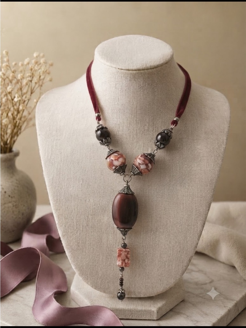 KIEN Vintage Designer Red Velour & Bead Y-Necklace